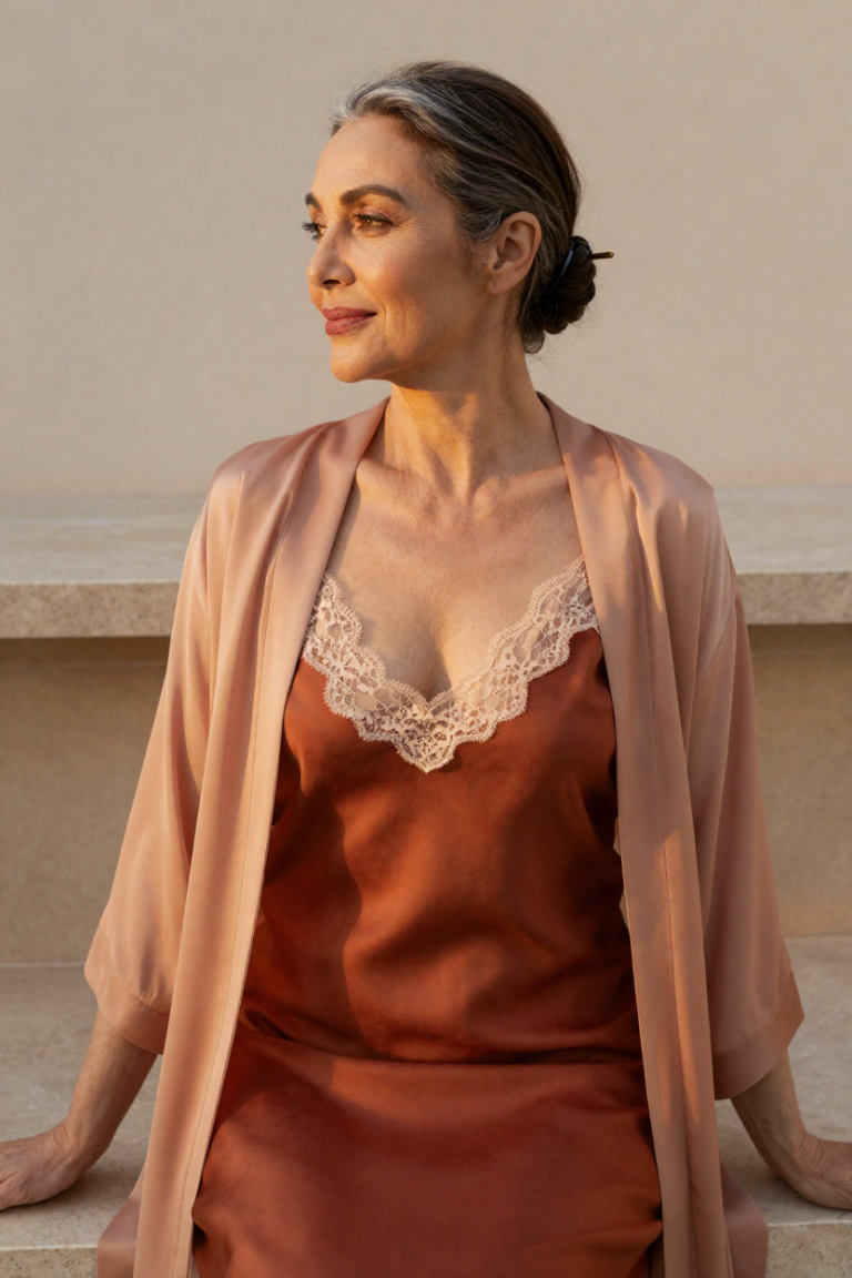 FuliTrakeStone muse with silver strands in terracotta silk slip, polished stone bench golden hour